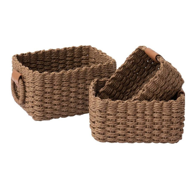 LA JOLIE MUSE Woven Storage Baskets, Recycled Paper Rope Bin Organizer Divider for Cupboards Drawer Closet Shelf Dresser, Set of 3 (Brown)