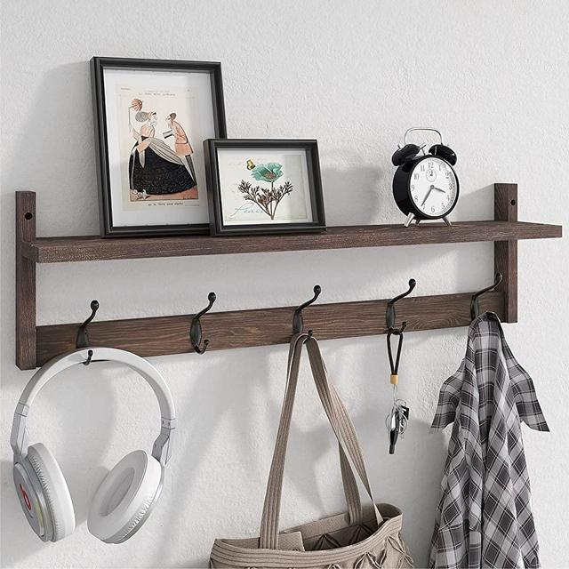 VERTORGAN Coat Hooks, Wall Hooks with Shelf, Wood Coat Rack with Shelf Wall-Mounted, 25.6 Inch Entryway Shelf with 5 Hooks (Brown)