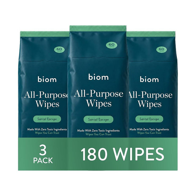 biom All Purpose Cleaning Wipes, Santal Escape, 60ct, 3-Pack, 8" Refill | Thick, plastic-free wipes with a plant-based formula, safe for kids, pets, and adults, for kitchen, car, and travel