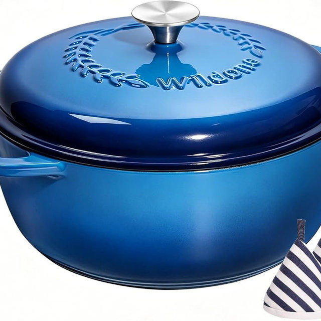 Enameled Cast Iron Dutch Oven - Wildone 6QT Pot with Lid & Cotton Potholders - Oven Safe Enamel Cookware for Bread Baking, Braising, Stews, Roasting, Blue