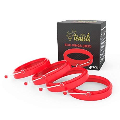 New Egg Ring 4-Pk, Silicone Egg Rings Non Stick, Perfect Fried Egg Mold or Pancake Rings, Egg Cooking Rings for Stunning Breakfasts Every Time - no More Eggy Pan Mess. Red 4-pk by YumYum Utensils