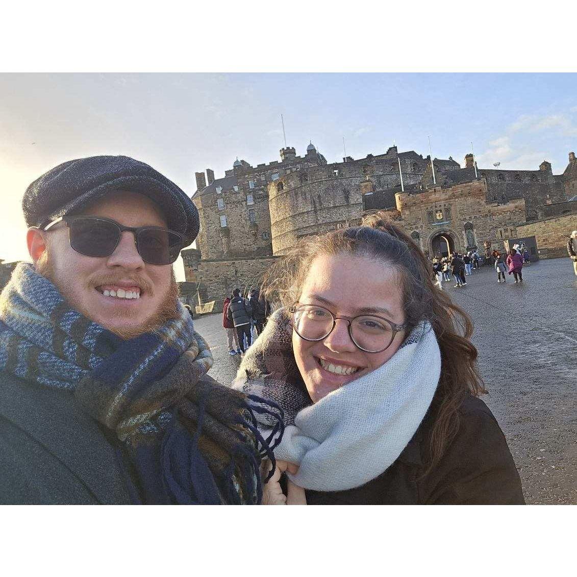 Us in Edinburgh, Scotland, freezing & locked out of the castle (closed due to weather)