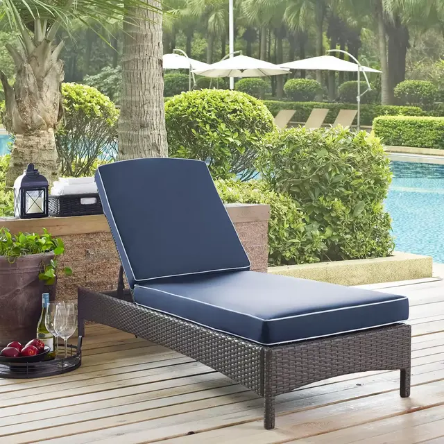 Crosley Palm Harbor Outdoor Wicker Chaise Lounge with Cushions in Navy