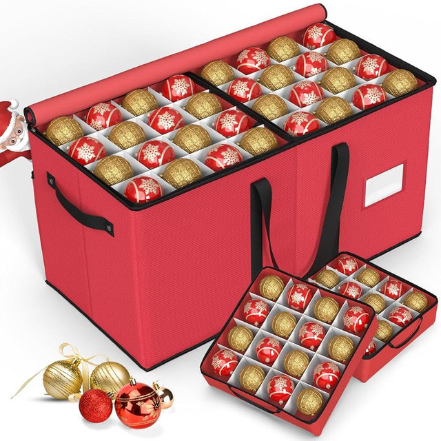 Keten Christmas Ornament Storage Boxes with 8 Individual Trays, Fits 128 Holiday Ornaments 3-Inch, Christmas Ball Accessories Container with 48 Dividers, Dual Zippered Closure, 600D Oxford (Red)