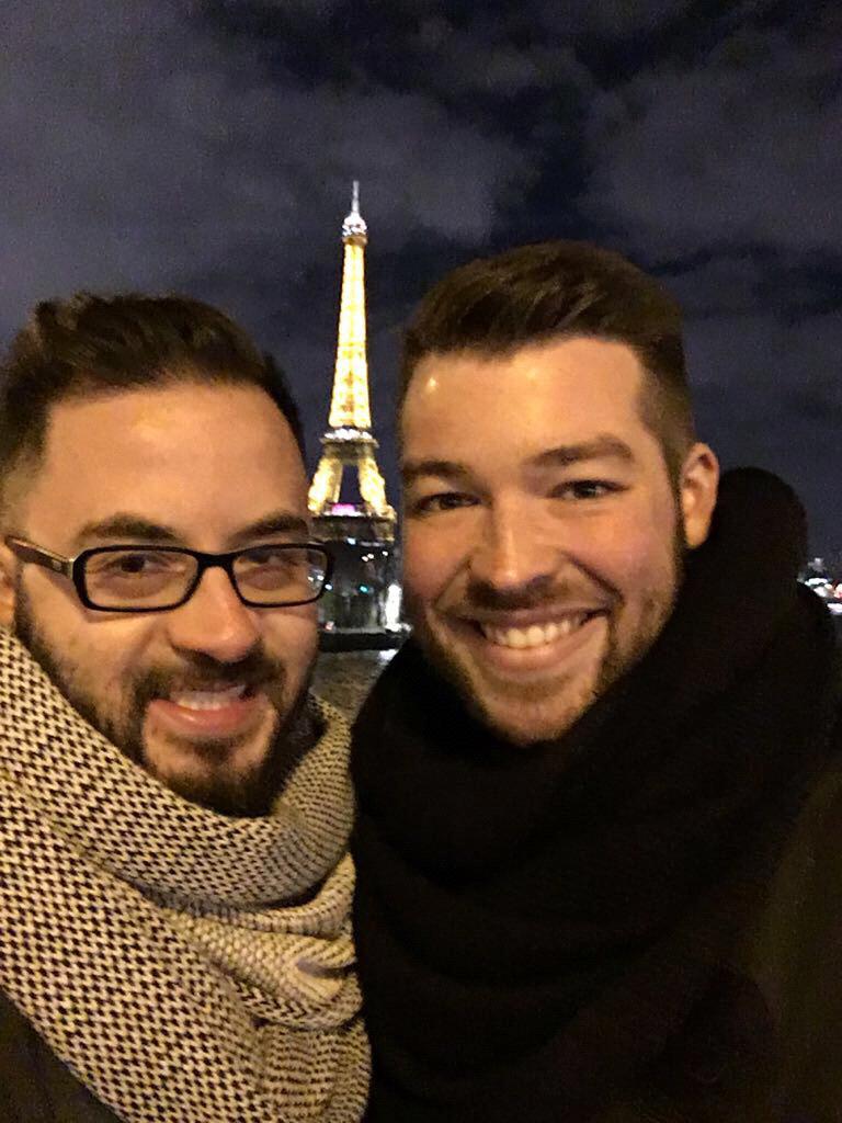 Paris at Christmas with dueling infinity scarves. Dec. 2017