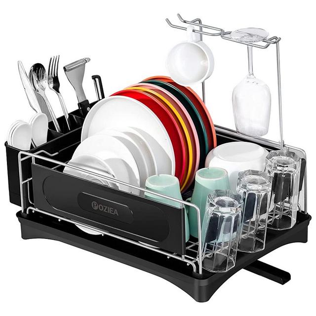 POZIEA Dish Drying Rack, Compact Dish Rack with Drainboard for Kitchen Counter, Durable Stainless Steel Dish Drainer with Adjustable Drainage and Wine Glass Rack