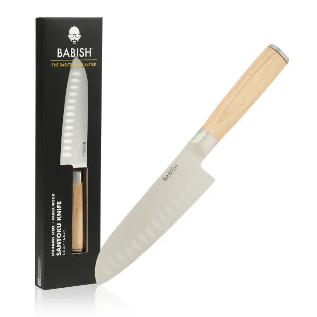 Babish High Carbon 1.4116 German Steel 6.5-Inch Santoku Knife with Light Pakka Wood Handle, Full-Tang