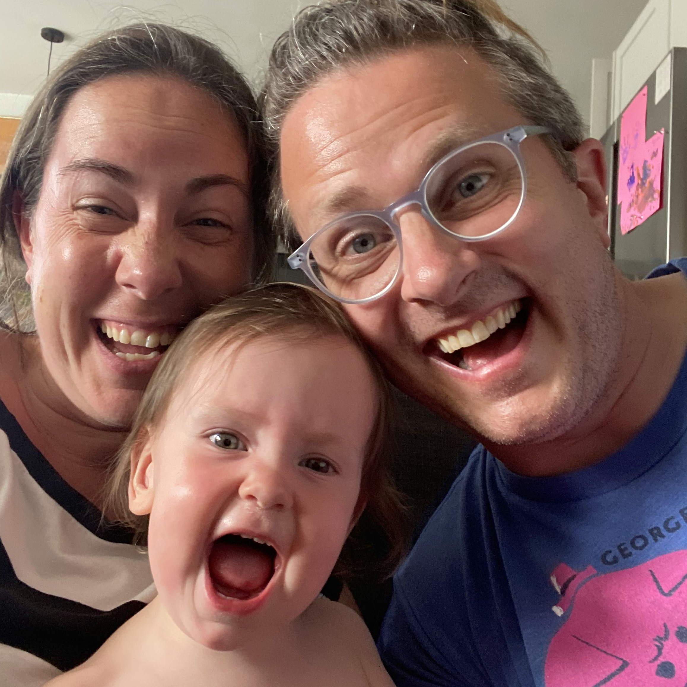 Ruth, James, and Azalea smile open mouthed at the camera.