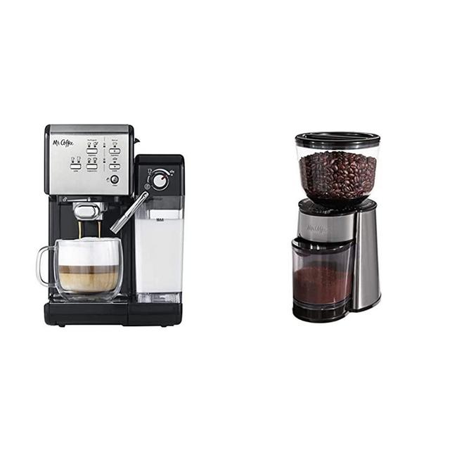 Mr. Coffee One-Touch CoffeeHouse Espresso Maker and Cappuccino Machine & Automatic Burr Mill Coffee Grinder with 18 Custom Grinders, Silver
