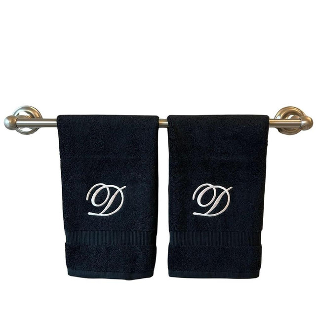 Black Monogrammed Hand Towels for Bathroom - Luxury Hotel Quality Personalized Initial Embroidered Towel for Powder Room, Spa - GOTS Organic Certified - Set of 2 White Letter D