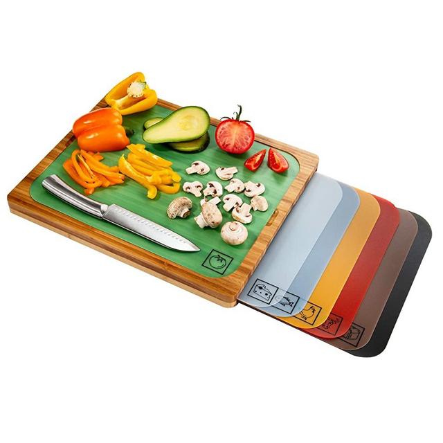 Seville Classics Easy-to-Clean Bamboo Cutting Board and 7 Color-Coded Flexible Cutting Mats with Food Icons Set