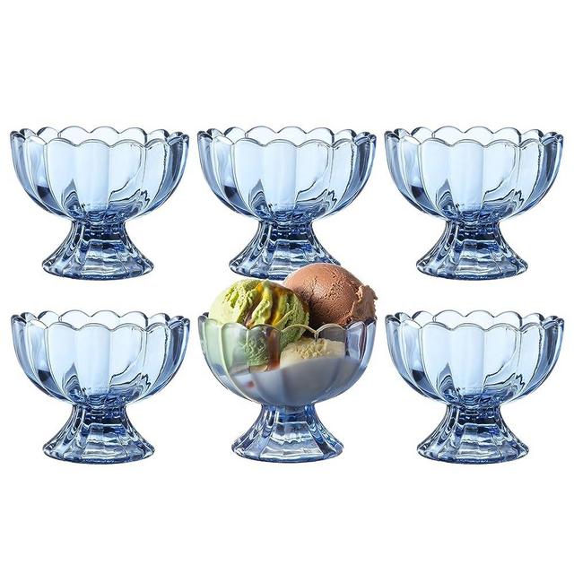 KMWARES 6PCs Set 5.6oz Small Cute Footed Tulip Glass Dessert Bowls/Cups - Perfect for Dessert, Sundae, Ice Cream, Fruit, Salad, Snack, Cocktail, Condiment, Trifle and Christmas Holiday Party (Blue)