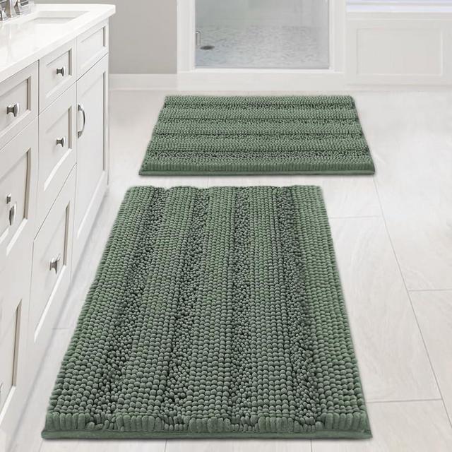 H.VERSAILTEX Bathroom Rug Set Bath Mats, 2 Piece Bath Mats for Bathroom Non Slip Thick Soft Chenille Striped Bath Rug Set, Bath Mats for Bathroom Sets (Green Bay, 20" x 32"/17" x 24")