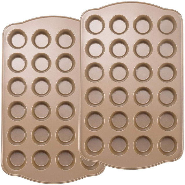 JOHO BAKING Nonstick Muffin Pan, Mini Cupcake Pans Set, Muffin Tins for Baking, 24-Cup,2 Pack, Gold