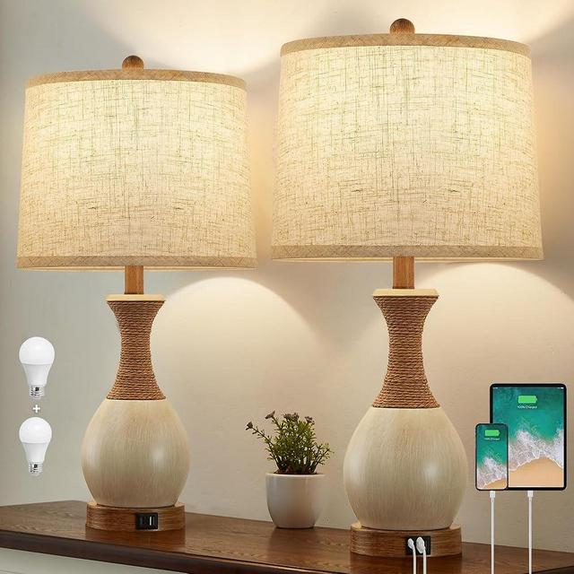 EJIAXIN Table Lamp for Bedroom Set of 2 - Bedside Table Lamps with 3 Way Dimmable - Boho Rattan Lamps for Nightstand with USB A+C Charging Ports Farmhouse Living Room Lamp Bulb Included