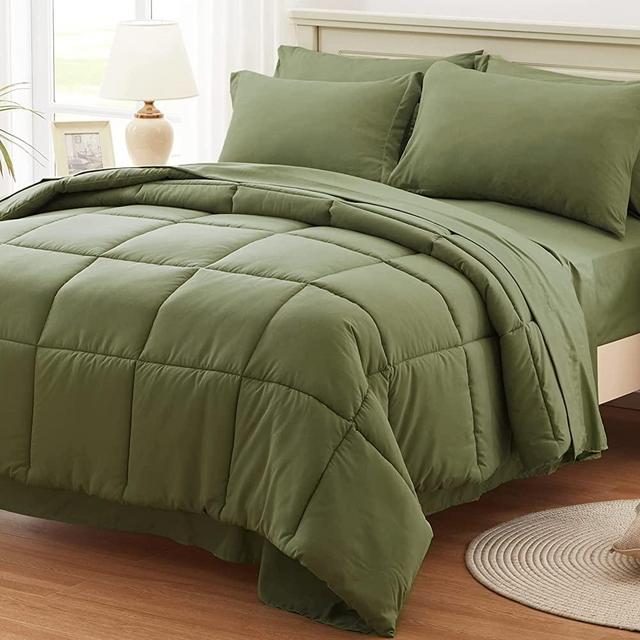 Anluoer Queen Size Bed in a Bag 7 Pcs, Olive Green Queen Comforter Set with Comforters and Sheets, All Season Bedding Sets with 1 Comforter ,2 Pillow Shams,2 Pillowcases, 1 Flat Sheet ,1 Fitted Sheet