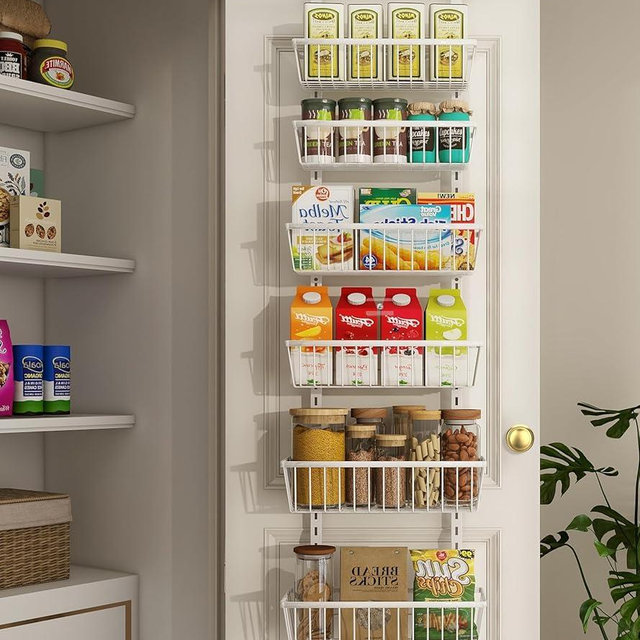 Mefirt 12 Inch Wide Narrow Over The Door Pantry Organizer, Pantry Organization and Storage, 6-Tier Metal Hanging Deep Basket Wall Spice Rack Seasoning Shelves, Home & Kitchen Essentials, White