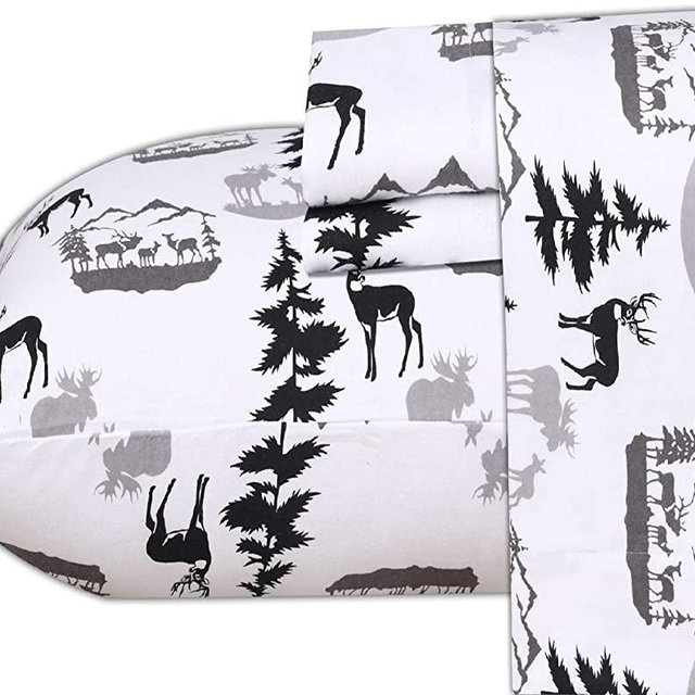 Ruvanti 100% Cotton 4 Piece Flannel Sheets Queen , Christmas Deer, Deep Pocket -Warm-Super Soft - Breathable Moisture Wicking Flannel Bed Sheet Set Queen Include Flat Sheet, Fitted Sheet 2 Pillowcases