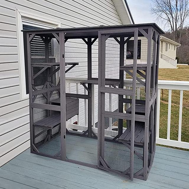 GUTINNEEN Large Cat House Outdoor Walk in Wooden Cat Enclosure Indoor Cat Cage Kitty Condo Playpen with Large Door, Platform & Small House