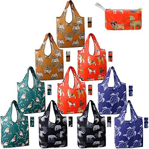 Reusable Shopping Bags Foldable Grocery Totes 10 Pack with Elastic Zipper Carry Pouch Cute Animal Gift Bag XLarge Machine Washable Durable Dog Elephant Turtle Bird Hedgehog Reusable Bags for Groceries