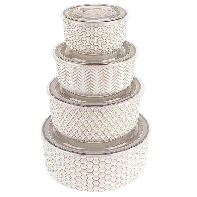 KooK Ceramic Nesting Bowls with Lids, Embossed, Food Storage Containers, Kitchen Bowl Set, For Prep, Mixing and Serving, Microwave and Dishwasher Safe, Set of 4, Narbonne Collection