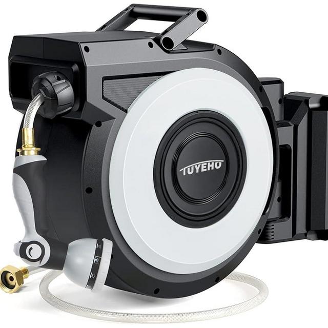 Tuyeho Retractable Garden Hose Reel 100FT, Wall Mount Heavy Duty Water Hose Reels with Automatic Slow Rewind System, Outdoor Hoses Reel with 2 Hose Nozzles for Garden Watering, Car Wash, Pet Shower