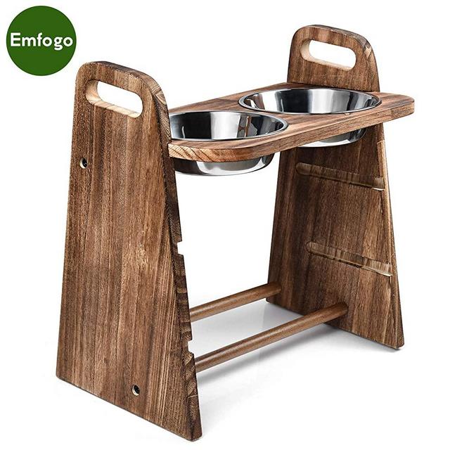 Emfogo Dog Bowls Elevated 3 Heights 4in 8in 13in Rustic Wood Elevated Dog Cat Dishes with Double Stainless Steel Dog Food Bowls Stand Raised Pet Feeder 16.7x15.5 inch Carbonized Black