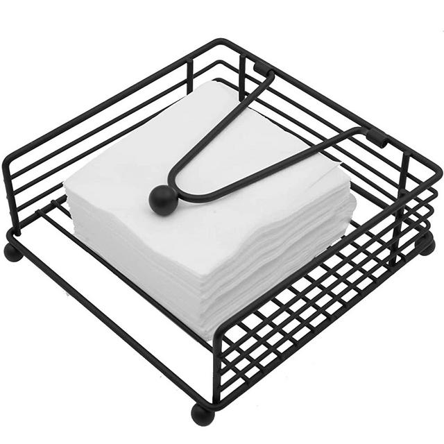 Modern Napkin Holder for Table with Weighted Arm, Large Cocktail Paper Napkin Basket, Rustic Iron Napkin Box, Flat Napkin Tray for Kitchen Tables, Countertops, Bathroom, Restaurant, Dinner,Black
