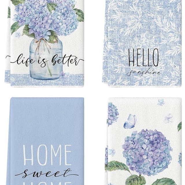 maiiooliwe 4 Pcs Blue Spring Hydrangeas Kitchen Towels, 27.5x20 Inch Watercolor Floral Decorative Kitchen Hand Towels, Summer Farmhouse Absorbent Dishcloth Fast Drying for Cooking (Hydrangeas)