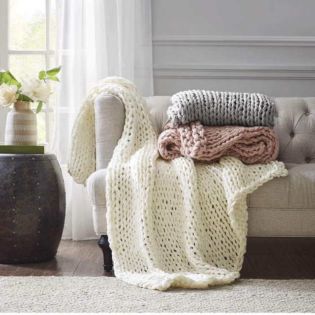 Madison Park Boho Throw, Soft Blanket Handmade Gift Home Decor, Lightweight & Breathable All Seasons Spring Chunky Knit, Knitted Throw for Couch, Bed Blanket, 50"x60", Ivory