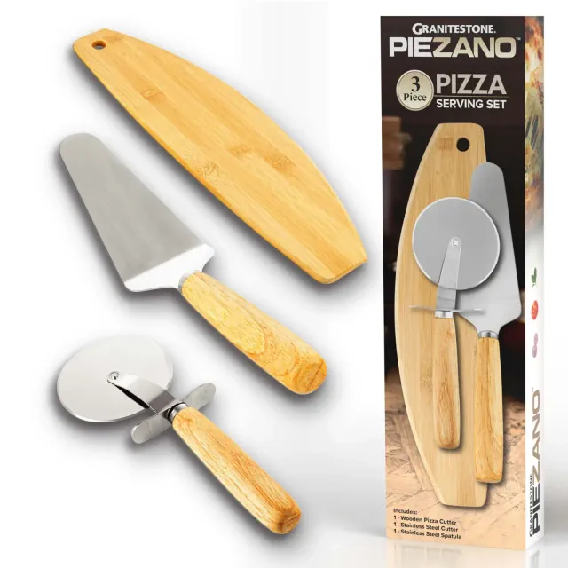 Granitestone Piezano 3-Piece Pizza Serving Set – Stainless Steel and Wood Utensils for Effortless Pizza Cutting and Serving