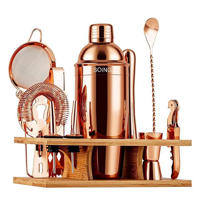 Soing 11-Piece Rose Copper Bartender Kit,Perfect Home Cocktail Shaker Set for Drink Mixing,Stainless Steel Bar Tools with Stand,Velvet Carry Bag & Cocktail Recipes Cards (Rose Copper)