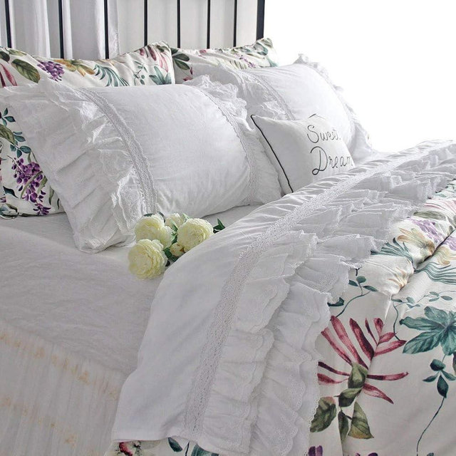 QSH Luxury Eyelet Lace Ruffle Sheets Set King Size French Country Bedding 100% Washed Cotton Shabby Bed Sheet 4pcs Deep Pockets Ruffled Bed Sheets