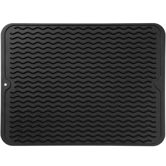 Silicone Dish Drying Mat for Multiple Usage,Easy clean,Eco-friendly,Heat-resistant Silicone Mat for Kitchen Counter or Sink,Refrigerator or drawer liner Black L 16 inches x 12 inches