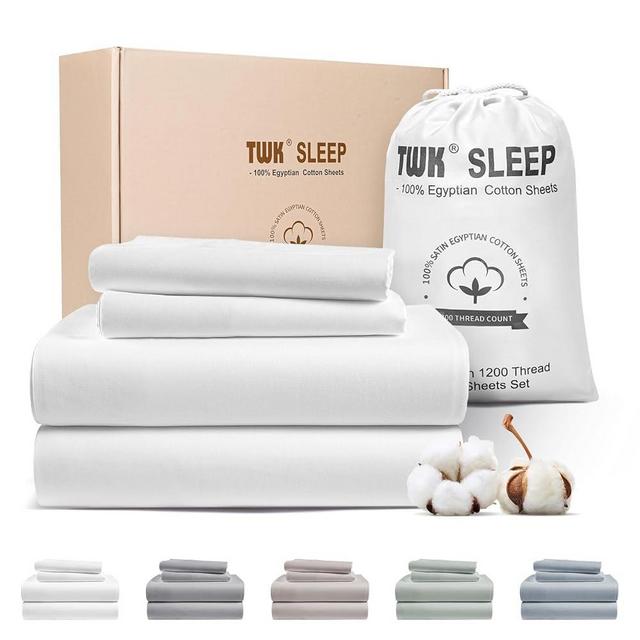 TWK 1200 TC 100% Egyptian Long-Staple Cotton Bedding Sheets Set, Luxury Hotel Style Deep Pocket with Elastic Reinforced Seams Sheet Set, Soft & Comfy Natural Sheets(White King)