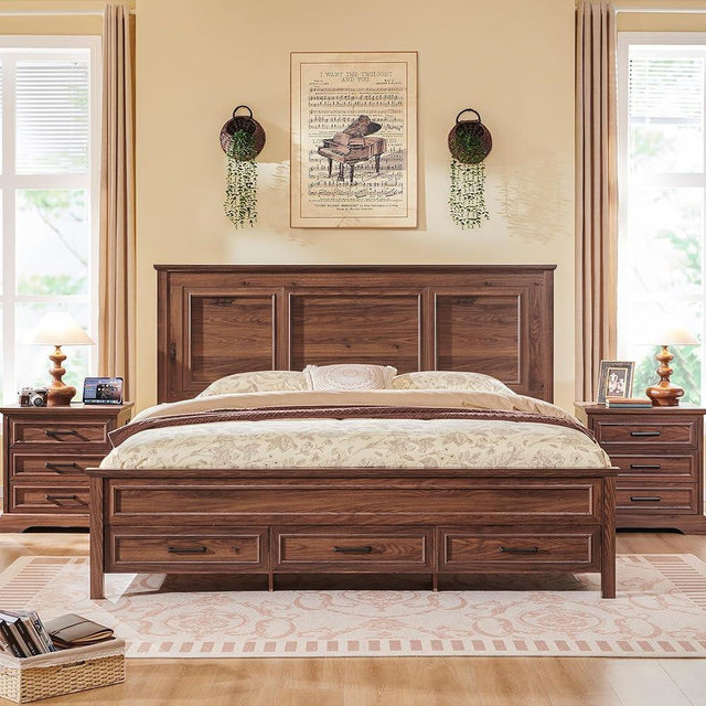 ACCOHOHO Farmhouse Queen Size Bed Frame with 52" Tall Full-Panel Headboard, Wood Platform Bedframe with Footboard and Storage Drawers, No Squeak, No Box Spring Needed, Brown