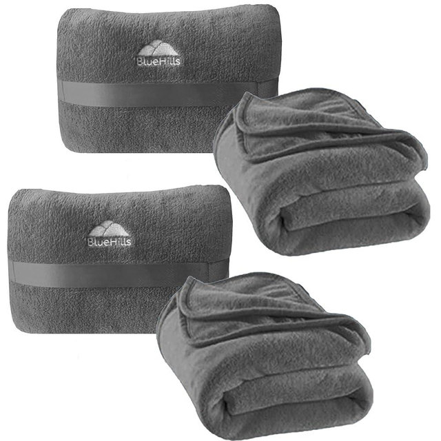 BlueHills 2 Pack Travel Blanket Pillow in Mini Soft Case Premium Plush Airplane Blanket in Soft Bag Compact Pack with Luggage Belt Plane Pillows Gifts Long Flight Blankets Essentials - Grey Gray M21