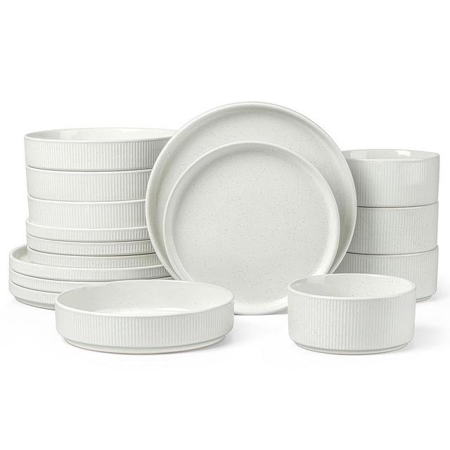 LIANYU Dinnerware Sets with Pasta Bowls for 4, 16 Piece Stoneware Plates and Bowls Set, Ribbed Dishes Dishware for Home Kitchen, Microwave and Dishwasher Safe, Speckled White