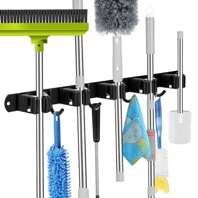 voze 5 Racks and 4 Hooks Mop and Broom Holder Wall Mount, Self Adhesive Heavy Duty Broom Organizer Storage Tool Racks for Kitchen Garden Laundry Garage Black