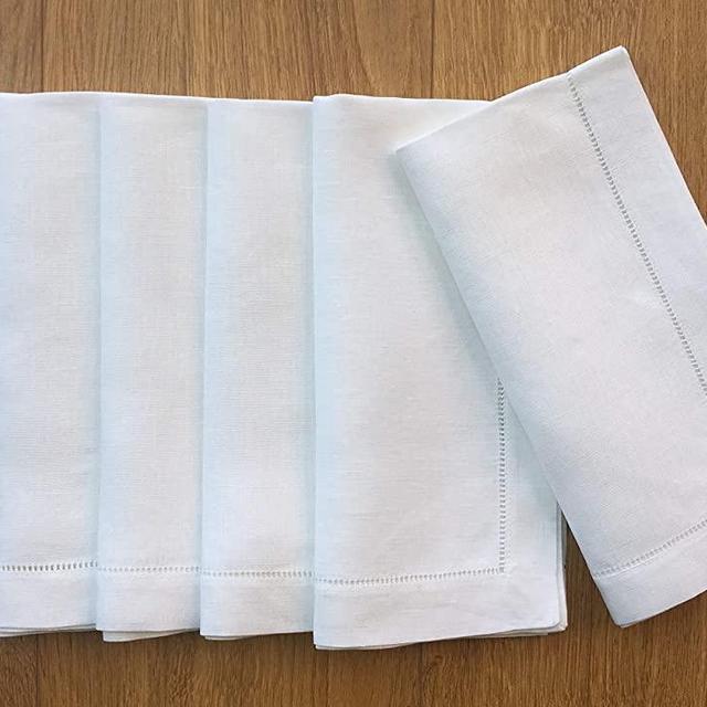 Minhcraft White Linen Hem Stitch Dinner Napkins - Set of 6 20"x20"-Ladder hemstitch 100% Linen Cloth Napkins