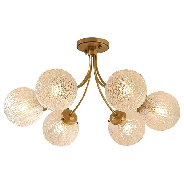 Qepeety Glass Chandelier 6-Light Vintage Flush Mount Ceiling Light Gold Chandelier, Snowflake Globe Shade, Sputnik Brass Ceiling Light, Dining Room Chandelier for Kitchen Bedroom Living Room