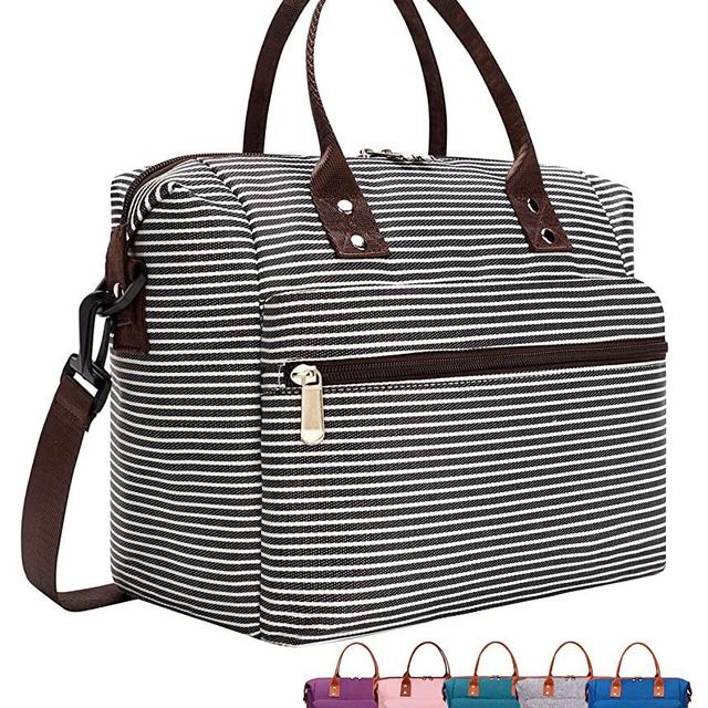 Leakproof Insulated Lunch Tote Bag with Adjustable & Removable Shoulder Strap, Durable Reusable lunch Box Container for Women/Men/Kids/Picnic/Work/School-White Stripe