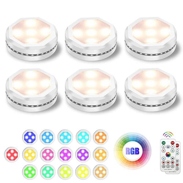 Led Puck Light, UYICOO Battery Operated Lights Wireless Color Changing Dimmable Under Cabinet Lighting, 3500K Led Stick on Lights with Timing, Under Counter Lights for Display Cabinet (6 Packs).