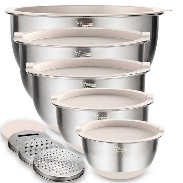 Mixing Bowls Set of 5, Wildone Stainless Steel Nesting Bowls with Khaki Lids, 3 Grater Attachments, Measurement Marks Non-Slip Bottoms, Size 5, 3, 2, 1.5, 0.63 QT, Great for Mixing Serving