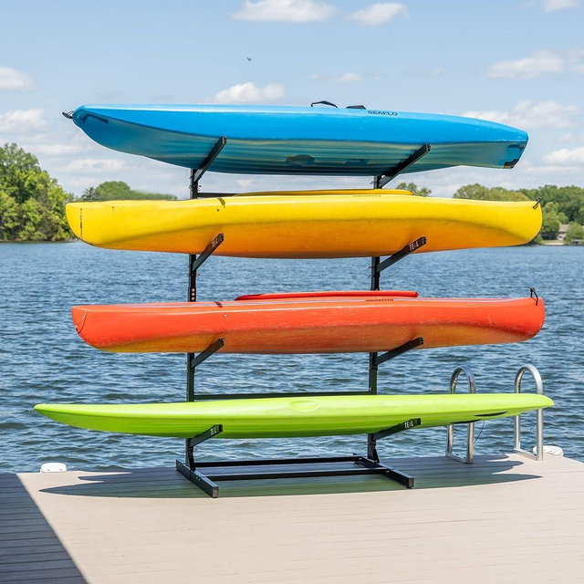 Teal Triangle Freestanding Kayak Storage Rack – 4 Kayak Rack & Canoe Rack – Indoor Outdoor Kayak – Adjustable Surfboard & Stand Up Paddle Board Holder – Adjustable Storage Stand - Black