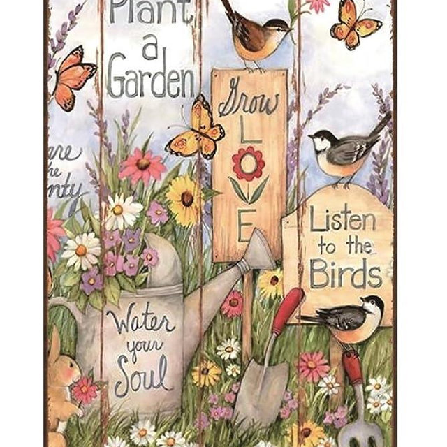 Funny Flowers Birds Metal Sign, Metal Country Rustic Tin Sign, Plant a Garden Water You Soul, Yard Sign Garage Farm Outside Garden Wall Decor Sign Plaque Outdoor for Home Fence 8 X 12 Inch