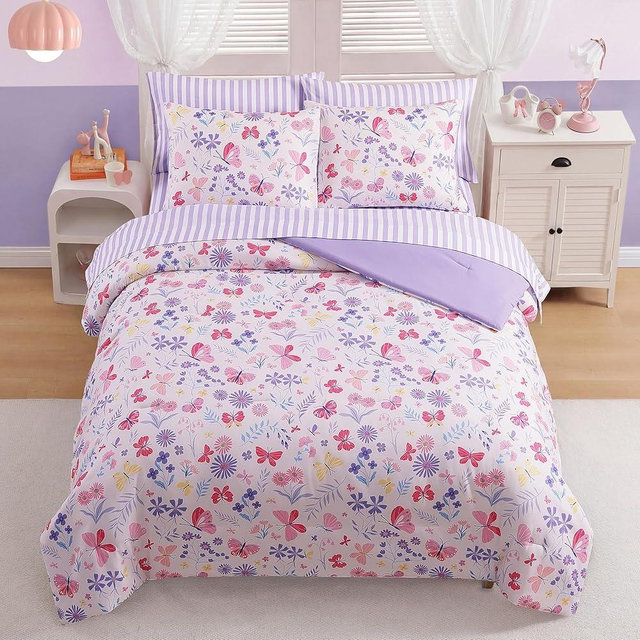 AMBERSPACE Twin XL Comforter Set for Girls, Butterfly Botanical Flowers Bedding Set, All Season Kids Bed in a Bag Dorm 5 Pieces with Sheets, Pillowcase & Sham