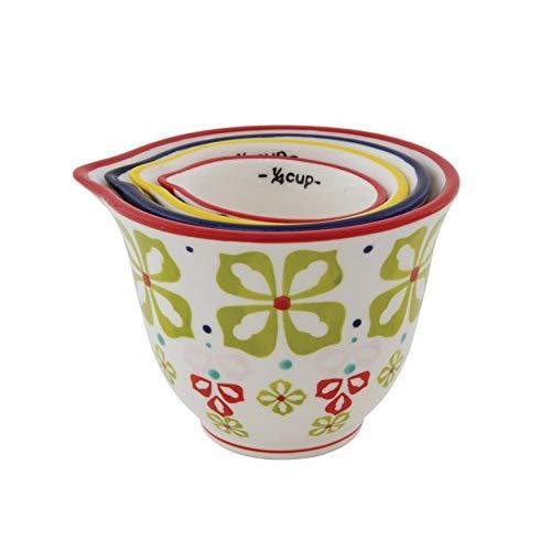 Creative Co-Op Floral Hand Stamped Stoneware Measuring Cups (Set of 4 Sizes/Designs)