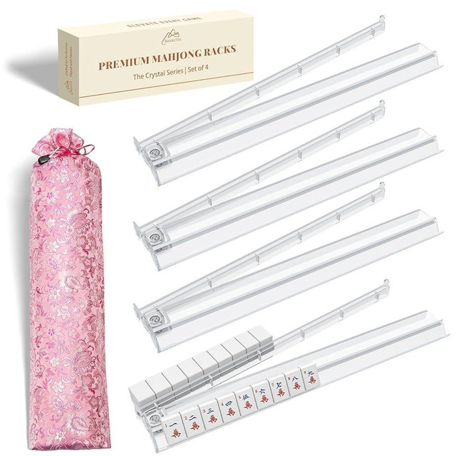 BASALTIX Mahjong Racks with Pushers - Set of 4 Clear Acrylic Mahjong Racks and Bag for American Mahjongg Accessories (Transparent)