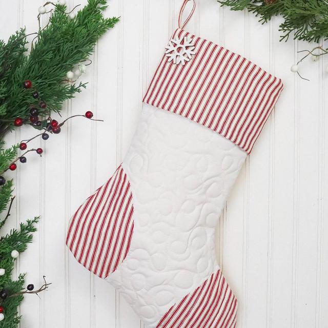 Quilted Christmas Stocking. Personalized Christmas Stocking, Farmhouse Christmas Stocking, Red Ticking Christmas Stocking, Ticking Stocking